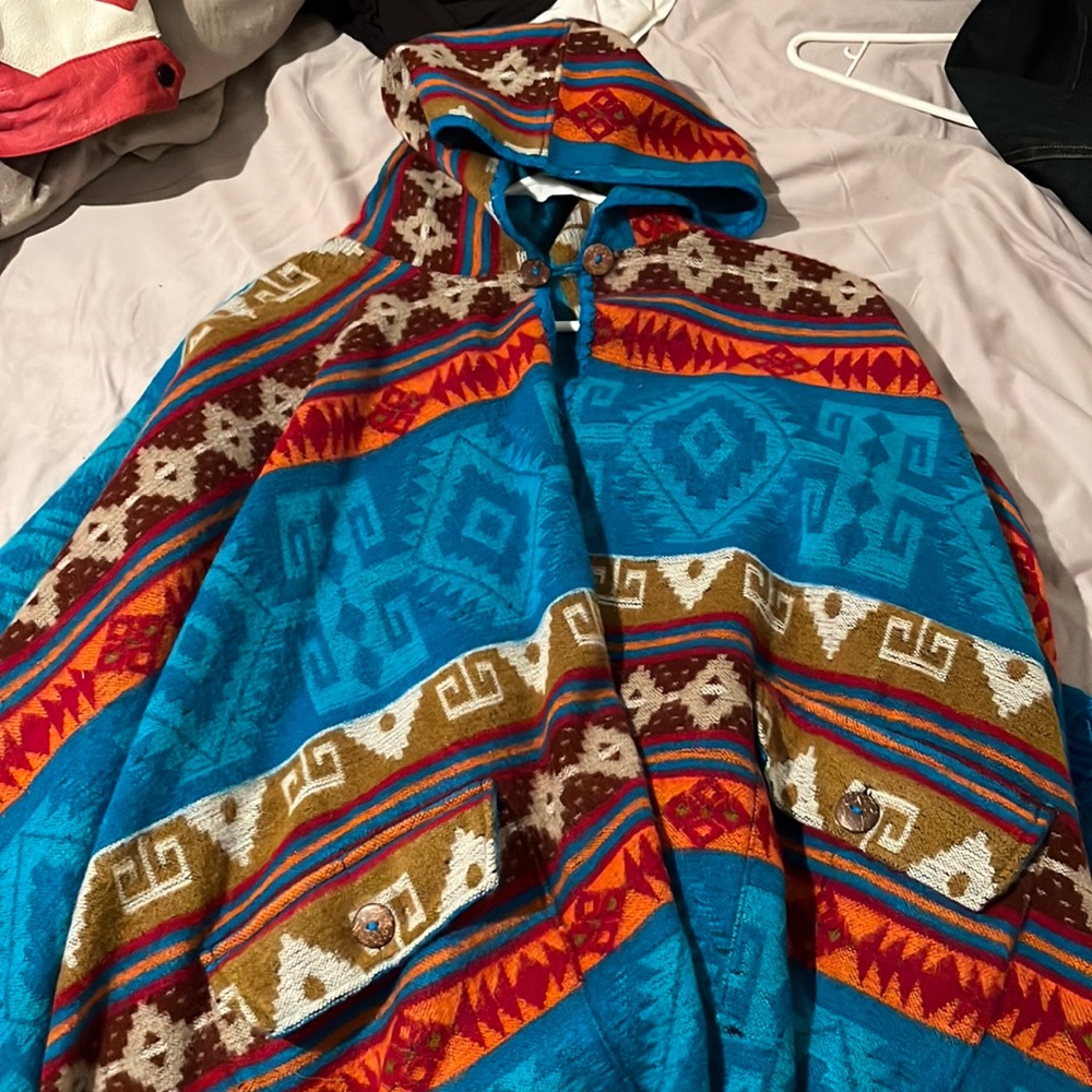 Blue patterned poncho made in Ecuador
